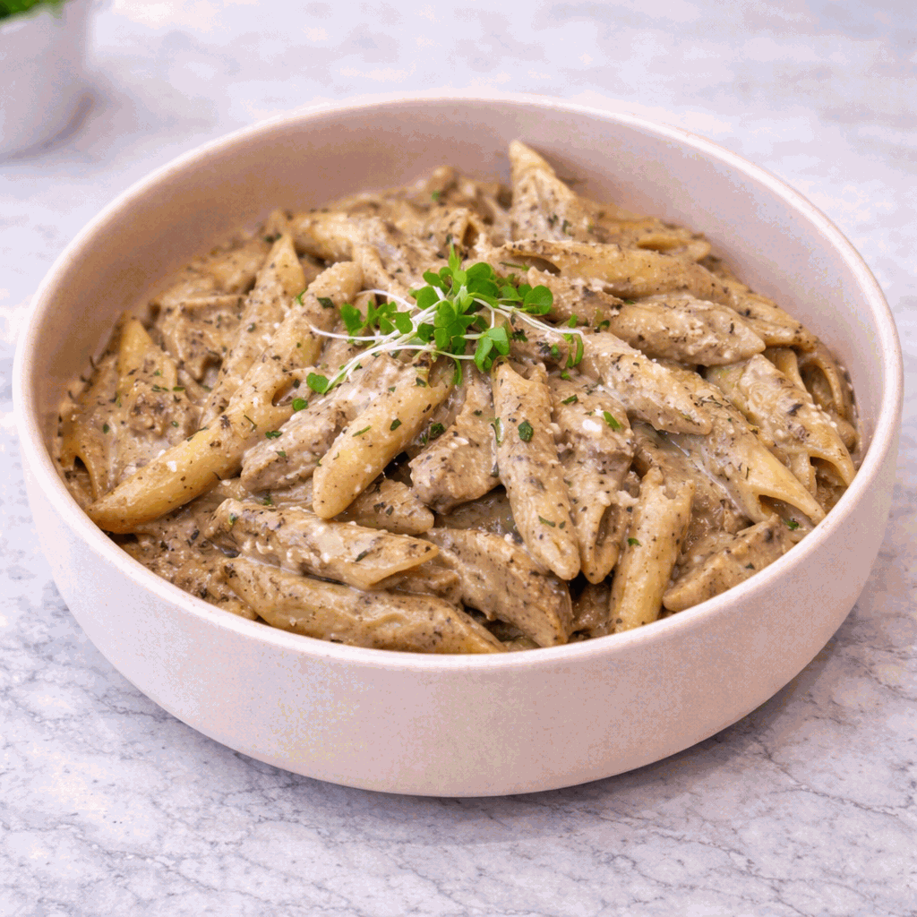 Penne chicken with olive creamy sauce