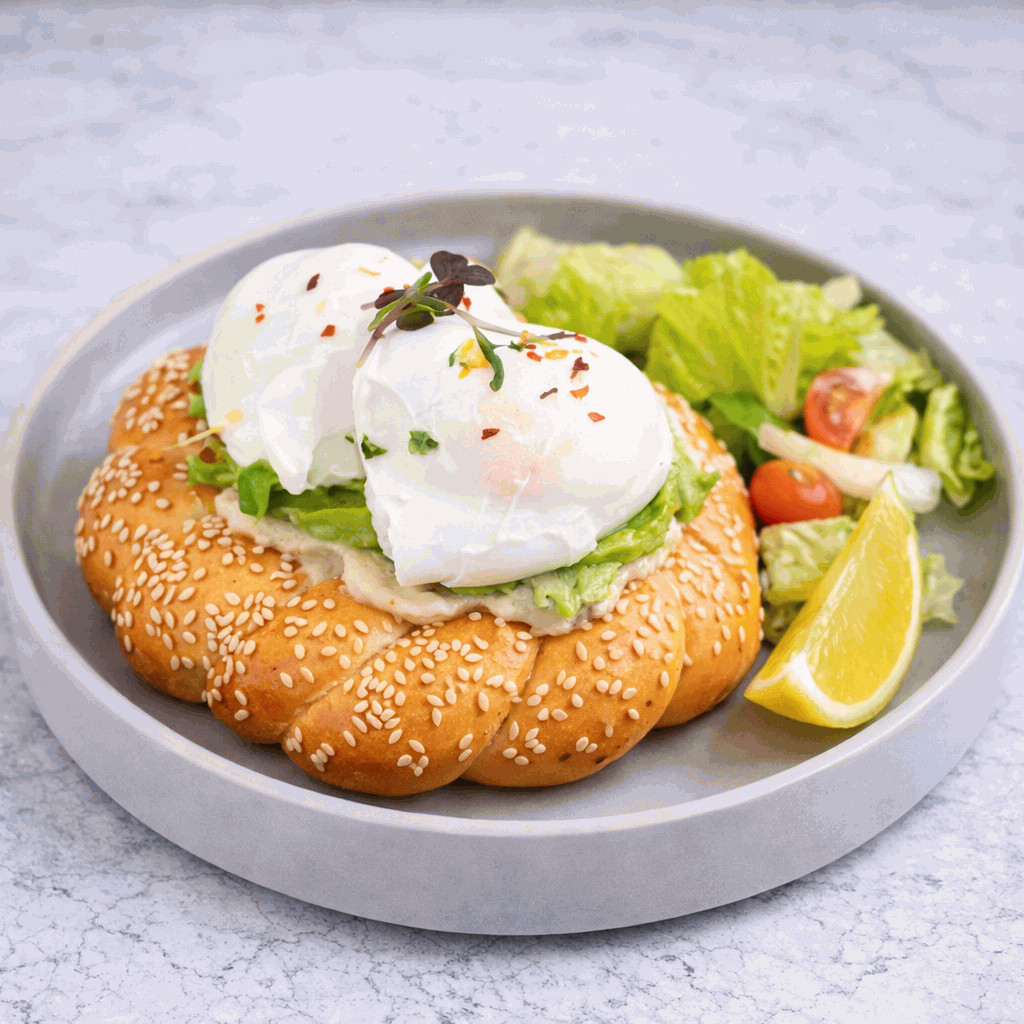 Turkish simit with truffle mushrooms avocado